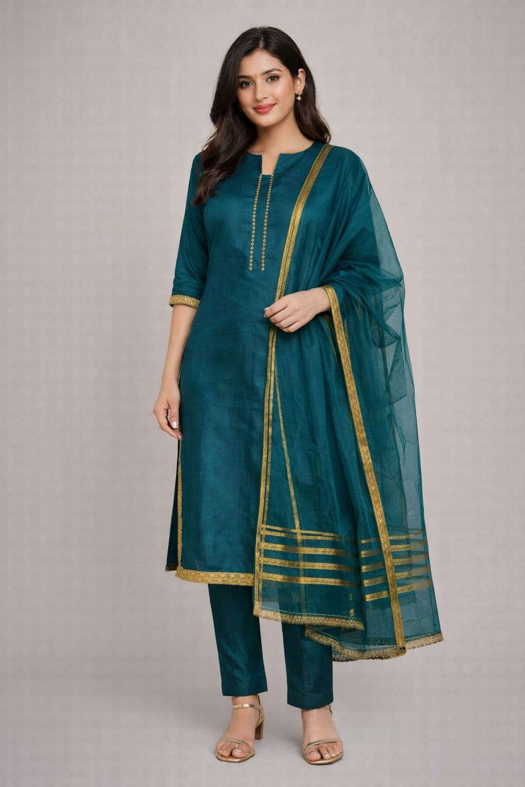Emerald Horizon – 3-Piece Stitched Raw Silk Suit