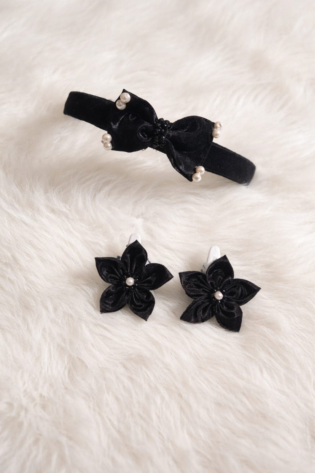 Midnight Onyx – 3-Piece Handcrafted Silk Headband & Floral Clip Set